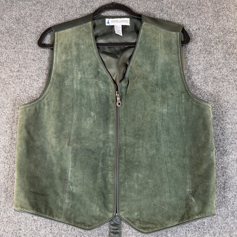 Marsh Landing Men Green Leather Suede Zip Front Vest Adjustable Back Large #3531